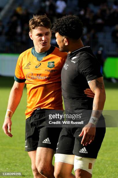 Beauden Barrett and Ardie Savea of the All Blacks embrace after winning the Bledisloe Cup match between the Australian Wallabies and the New Zealand...