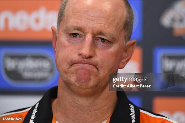 West Tigers coach Michael Maguire speaks to the media after his team's defeat during the round 25 NRL match between the Wests Tigers and the...