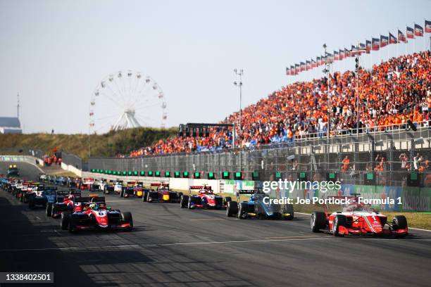 Dennis Hauger of Norway and Prema Racing leads the field off the line at the start during race 3 of Round 6:Zandvoort of the Formula 3 Championship...