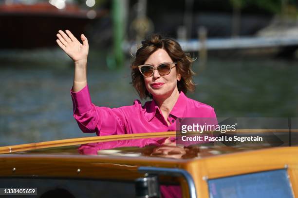 Sabina Guzzanti arrives at the 78th Venice International Film Festival on September 05, 2021 in Venice, Italy.
