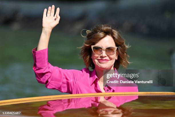 Sabina Guzzanti arrives at the 78th Venice International Film Festival on September 05, 2021 in Venice, Italy.