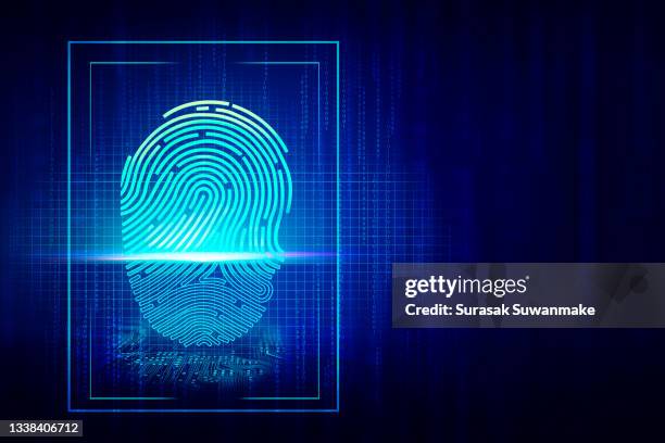 3d technology illustration a fingerprint scanner is integrated into the printed circuit. release binary code - digital identity stockfoto's en -beelden