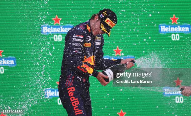 Race winner Dennis Hauger of Norway and Prema Racing celebrates on the podium during race 3 of Round 6:Zandvoort of the Formula 3 Championship at...