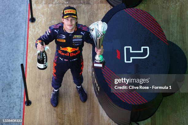 Race winner Dennis Hauger of Norway and Prema Racing celebrates on the podium during race 3 of Round 6:Zandvoort of the Formula 3 Championship at...