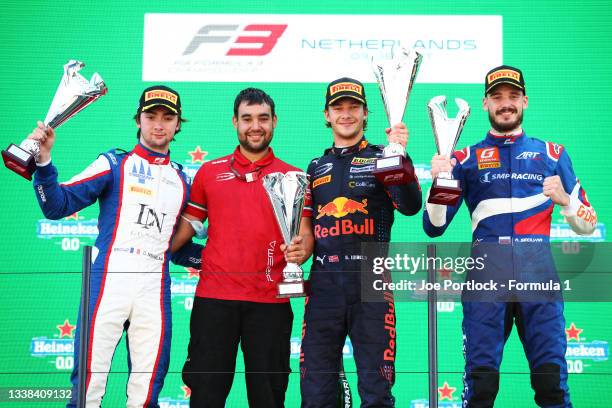 Race winner Dennis Hauger of Norway and Prema Racing, second placed Clement Novalak of France and Trident and third placed Aleksandr Smolyar of...