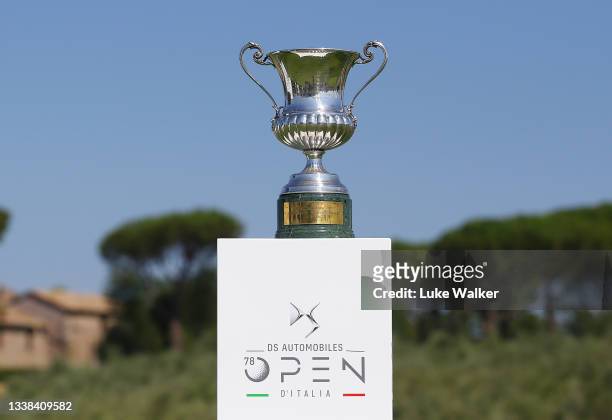 Detailed view of the trophy on the 1st tee during Day Four of The Italian Open at Marco Simone Golf Club on September 05, 2021 in Rome, Italy.
