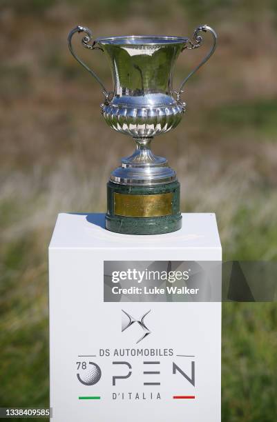 Detailed view of the trophy on the 1st tee during Day Four of The Italian Open at Marco Simone Golf Club on September 05, 2021 in Rome, Italy.