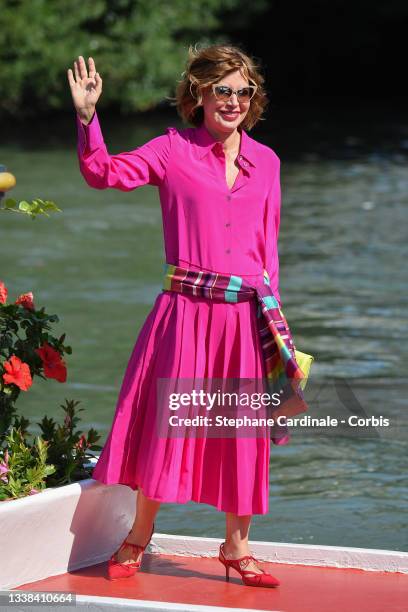 Sabina Guzzanti is seen arriving at the 78th Venice International Film Festival on September 05, 2021 in Venice, Italy.