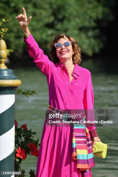 Sabina Guzzanti is seen arriving at the 78th Venice International Film Festival on September 05, 2021 in Venice, Italy.