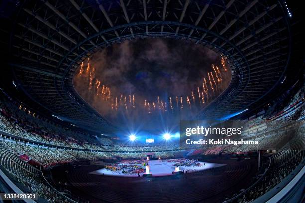 Fireworks erupt above the stadium during the Closing Ceremony on day 12 of the Tokyo 2020 Paralympic Games at Olympic Stadium on September 05, 2021...