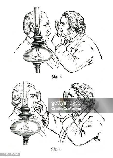 ophthalmologist examining patients eye 1898 - archival doctor stock illustrations