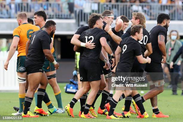 David Havili of the All Blacks celebrates after scoring a try during the Bledisloe Cup match between the Australian Wallabies and the New Zealand All...