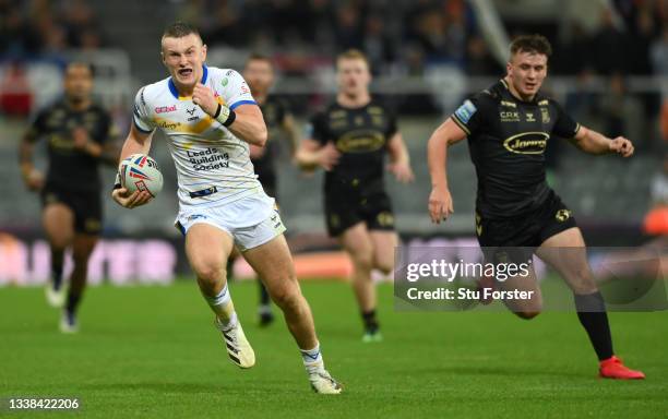 Rhinos player Harry Newman in action during the Betfred Super League match between Leeds Rhinos and Hull FC at St James' Park on September 04, 2021...