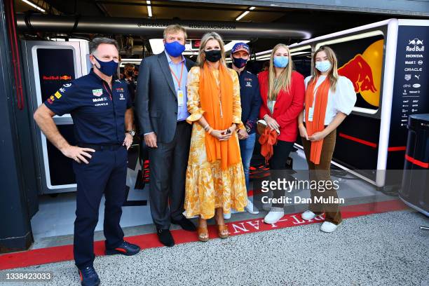 Max Verstappen of Netherlands and Red Bull Racing and Red Bull Racing Team Principal Christian Horner pose for a photo with King Willem-Alexander,...