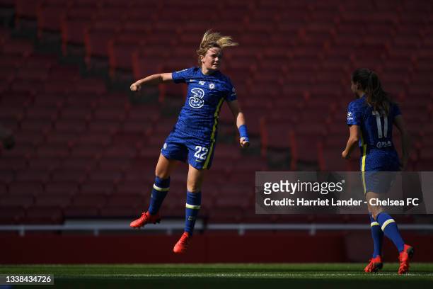 Erin Cuthbert of Chelsea celebrates after scoring her team's first goal during the Barclays FA Women's Super League match between Arsenal Women and...