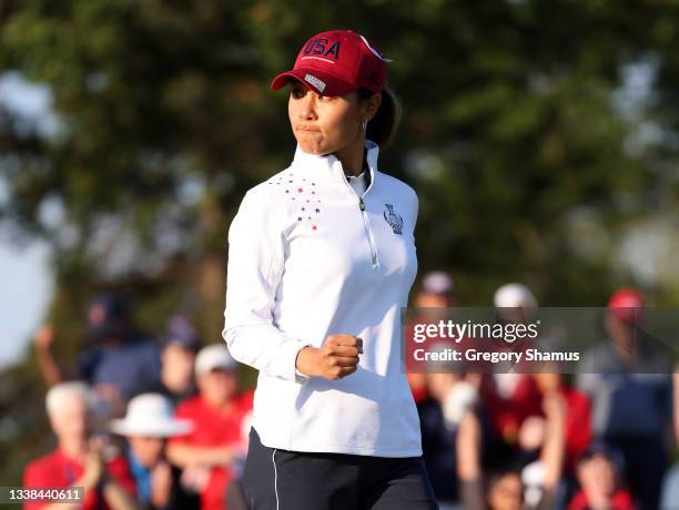 Danielle Kang of Team USA makes a birdie on the sixth green to win the hole during the Foursomes Match on day two of the Solheim Cup at the Inverness...