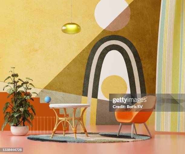 mid century room with boho design - yellow room stock pictures, royalty-free photos & images