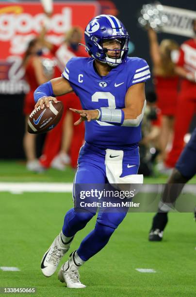 Quarterback Jaren Hall of the Brigham Young Cougars throws against the Arizona Wildcats during the Good Sam Vegas Kickoff Classic at Allegiant...