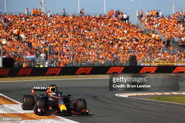 Max Verstappen of the Netherlands driving the Red Bull Racing RB16B Honda during the F1 Grand Prix of The Netherlands at Circuit Zandvoort on...