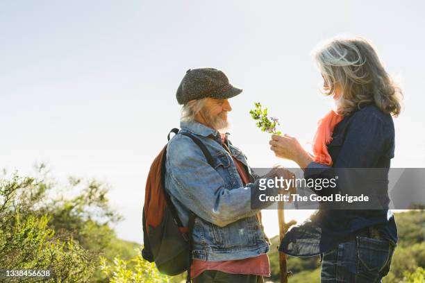 mature woman giving flower to senior man by clear sky - versierd jak stockfoto's en -beelden