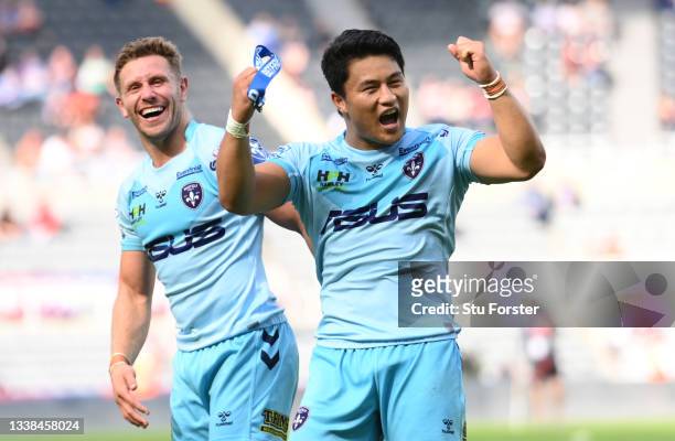 Trinity player Mason Lino celebrates after the Betfred Super League match between Huddersfield Giants and Wakefield Trinity at St James' Park on...