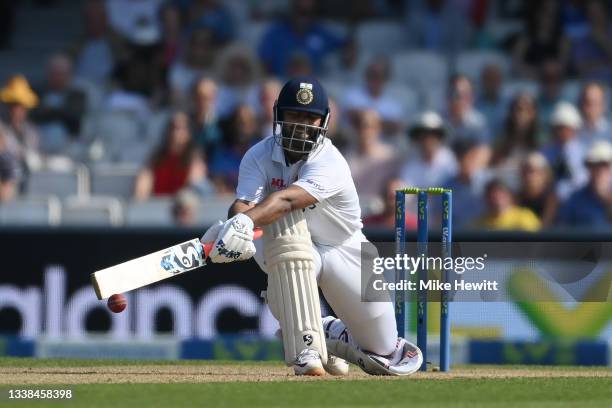 Rishabh Pant of India attempts to reverse sweep a delivery from Jimmy Anderson of Englandduring the Fourth LV= Insurance Test Match: Day Four between...