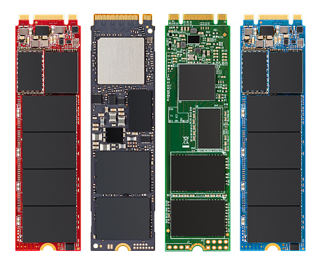 set of four different M2 SSD flash hdd hard disc drive nvme and sata type isolated white background. pc computer hardware component memory data storage electronics concept