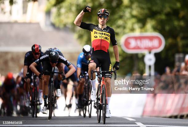 Wout Van Aert of Belgium and Team Jumbo - Visma celebrates winning during the 17th Tour of Britain 2021, Stage 1 a 180,8km stage from Penzance to...