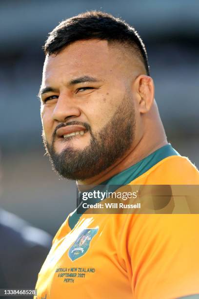 Taniela Tupou of the Wallabies walks the boundary after the Bledisloe Cup match between the Australian Wallabies and the New Zealand All Blacks, part...