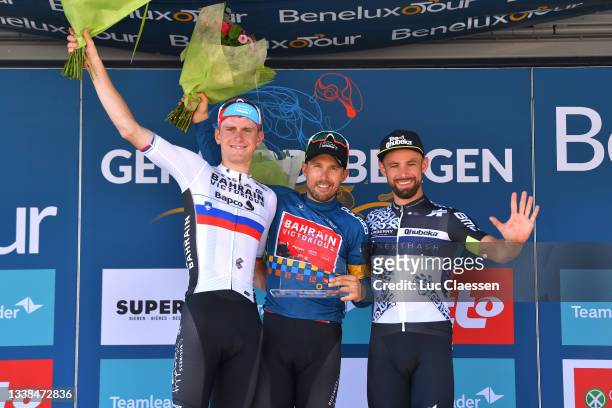 Matej Mohoric of Slovenia and Team Bahrain Victorious, Sonny Colbrelli of Italy and Team Bahrain Victorious blue leader jersey and Victor Campenaerts...