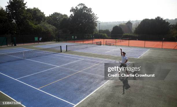 Competitor prepares to serve during Qualifying of The Fred Perry Championship 2021 at Preston Park on September 05, 2021 in Brighton, England.