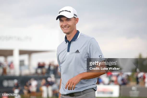 Nicolai Hojgaard of Denmark celebrates victory on the 18th hole during Day Four of The Italian Open at Marco Simone Golf Club on September 05, 2021...