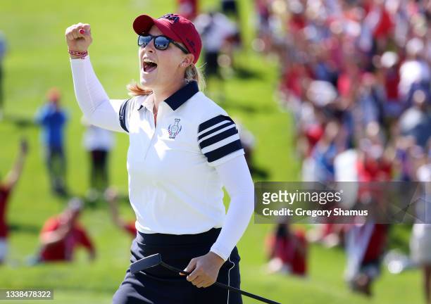 Jennifer Kupcho of Team USA reacts after their win on the 17th hole during the Foursomes Match on day two of the Solheim Cup at the Inverness Club on...