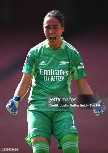 Manuela Zinsberger of Arsenal celebrates on the final whistle after winning the Barclays FA Women's Super League match between Arsenal Women and...