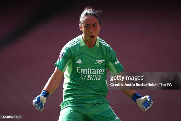 Manuela Zinsberger of Arsenal celebrates on the final whistle after winning the Barclays FA Women's Super League match between Arsenal Women and...