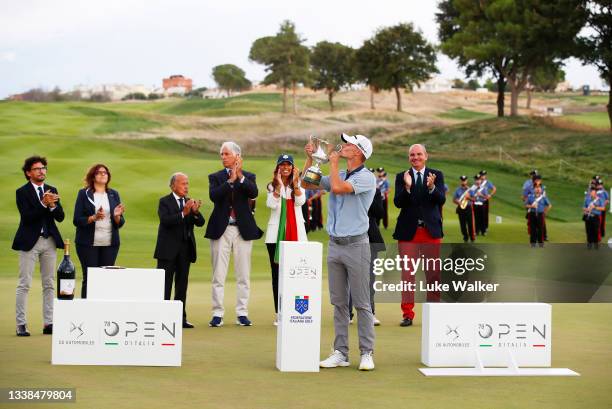 Nicolai Hojgaard of Denmark kisses the trophy after Day Four of The Italian Open at Marco Simone Golf Club on September 05, 2021 in Rome, Italy.