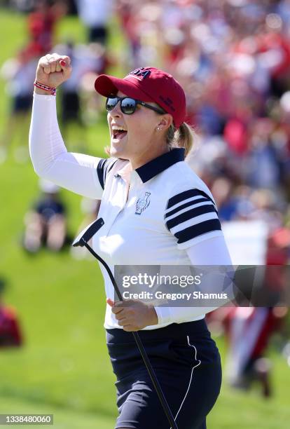 Jennifer Kupcho of Team USA reacts after their win on the 17th hole during the Foursomes Match on day two of the Solheim Cup at the Inverness Club on...