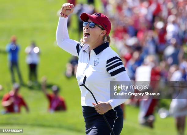 Jennifer Kupcho of Team USA reacts after their win on the 17th hole during the Foursomes Match on day two of the Solheim Cup at the Inverness Club on...