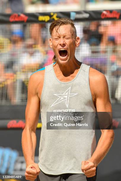 Casey Patterson reacts during the match against Jake Gibb and Taylor Crabb during the AVP Gold Series Chicago Open at the Oak Street Beach on...