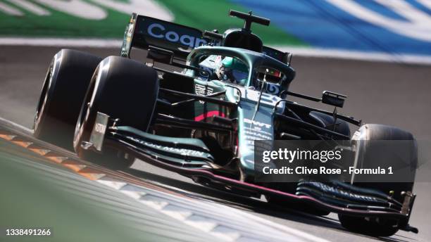 Lance Stroll of Canada driving the Aston Martin AMR21 Mercedes during the F1 Grand Prix of The Netherlands at Circuit Zandvoort on September 05, 2021...