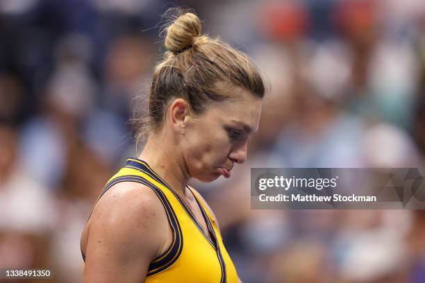 Simona Halep of Romania reacts against Elina Svitolina of Ukraine during her Women’s Singles round of 16 match on Day Seven at USTA Billie Jean King...