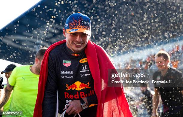 Race winner Max Verstappen of Netherlands and Red Bull Racing celebrates with his team after the F1 Grand Prix of The Netherlands at Circuit...