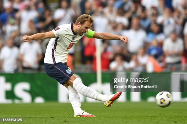 Harry Kane of England scores their team's second goal from the penalty spot during the 2022 FIFA World Cup Qualifier match between England and...