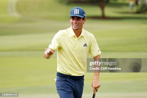 Joaquin Niemann of Chile celebrates after finishing on the 18th green during the final round of the TOUR Championship on September 05, 2021 in...