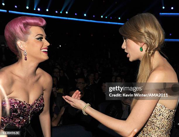 Singers Katy Perry and Taylor Swift at the 2011 American Music Awards held at Nokia Theatre L.A. LIVE on November 20, 2011 in Los Angeles, California.