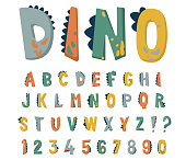 Dinosaur alphabet vector set with cute hand drawn letters and numbers in bright colors with texture dino effects. Comic fun kid typography design in flat cartoon style