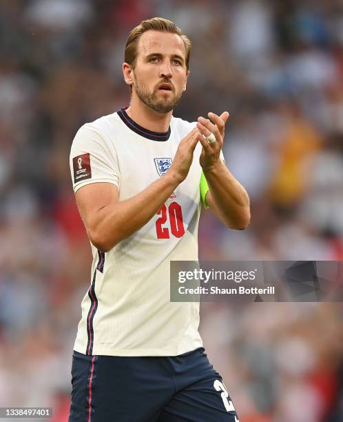Harry Kane of England celebrates after during the 2022 FIFA World Cup Qualifier match between England and Andorra at Wembley Stadium on September 05,...