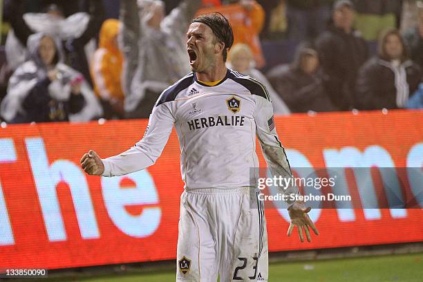 David Beckham of the Los Angeles Galaxy reacts after defeating the Houston Dynamo 1-0 in the 2011 MLS Cup at The Home Depot Center on November 20,...