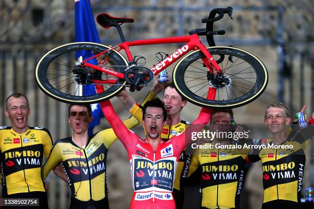 Robert Gesink of Netherlands, Sepp Kuss of United States, Primoz Roglic of Slovenia red leader jersey, Nathan Van Hooydonck of Belgium, Sam Oomen of...