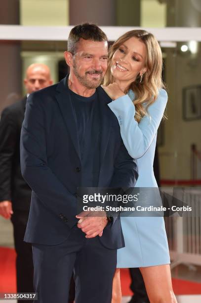 Nicole Kimpel and Antonio Banderas attend the red carpet of the "Filming Italy Award" during the 78th Venice International Film Festival on September...